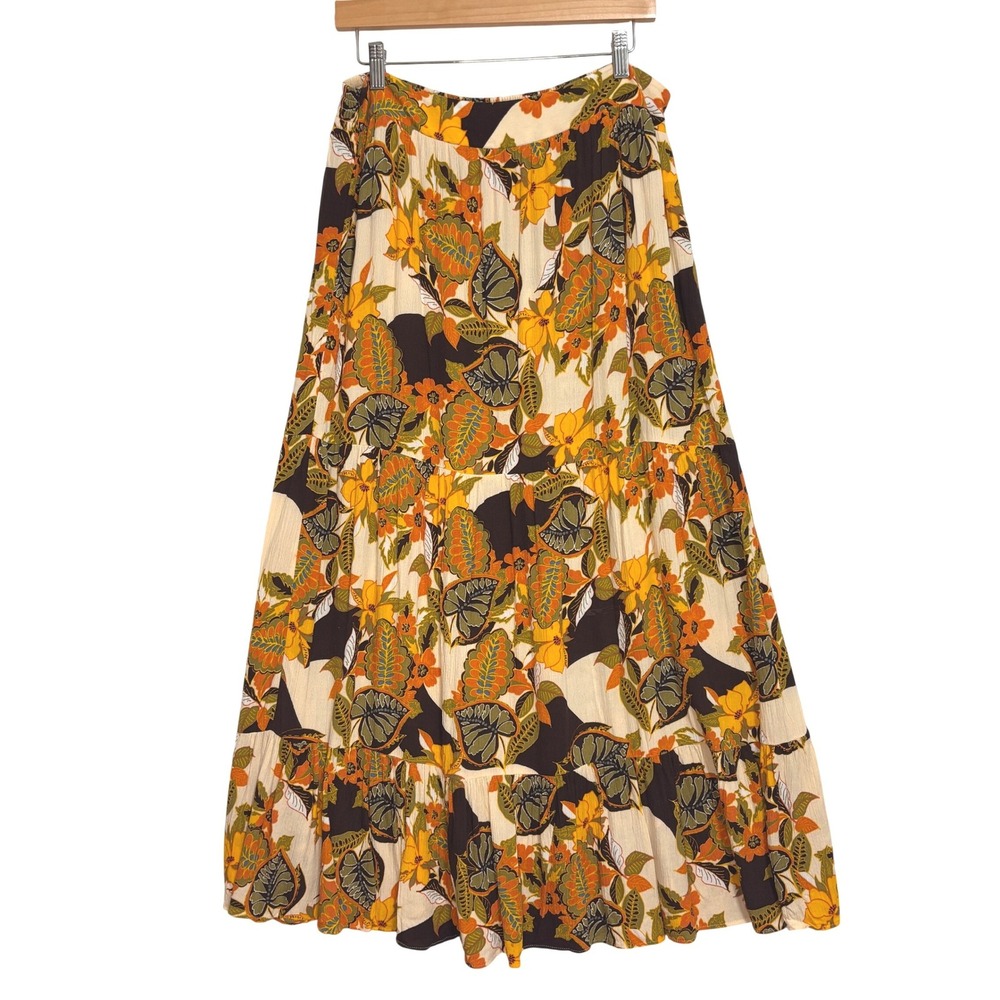 Retro 70s-Style Maxi Skirt Womens L Floral Crinkle Tiered Boho Tropical Festival